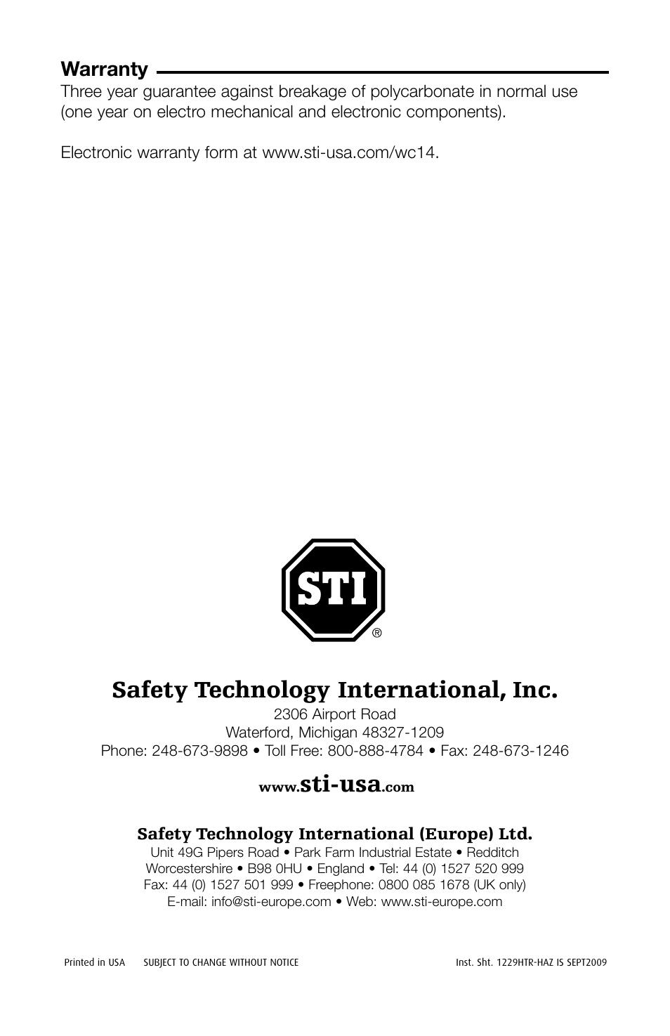 Safety technology international, inc, Sti-usa, Warranty | STI 1229HTR-HAZ User Manual | Page 8 / 8