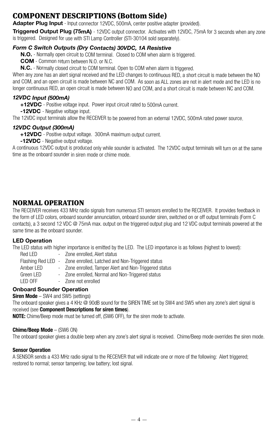 Component descriptions (bottom side), Normal operation | STI 6200WIR8 User Manual | Page 4 / 8