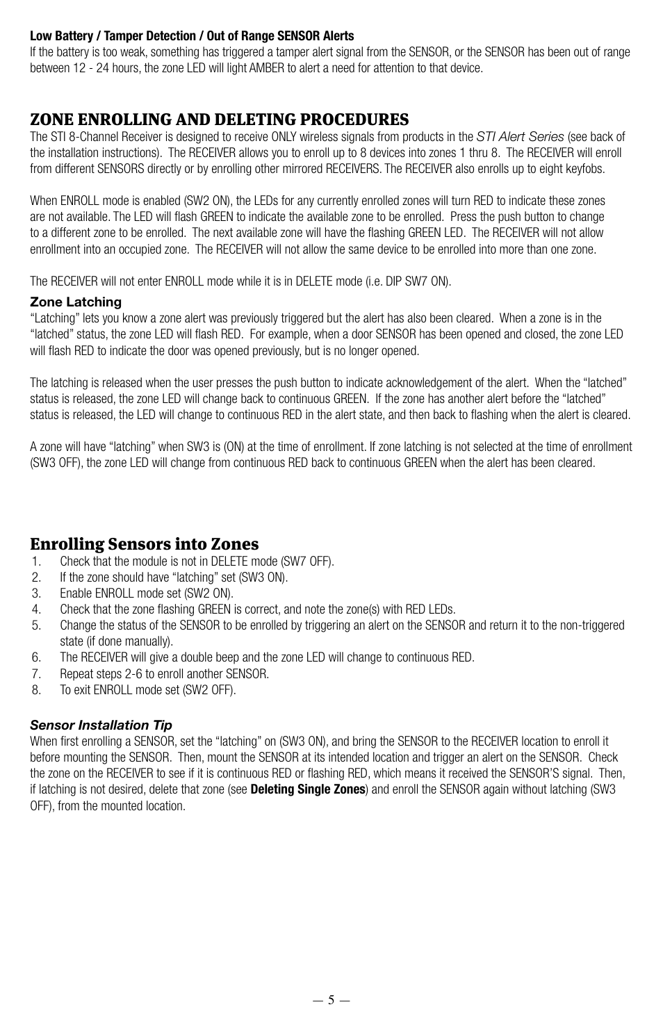 Enrolling sensors into zones, Zone enrolling and deleting procedures | STI 6200WIR8 User Manual | Page 5 / 8