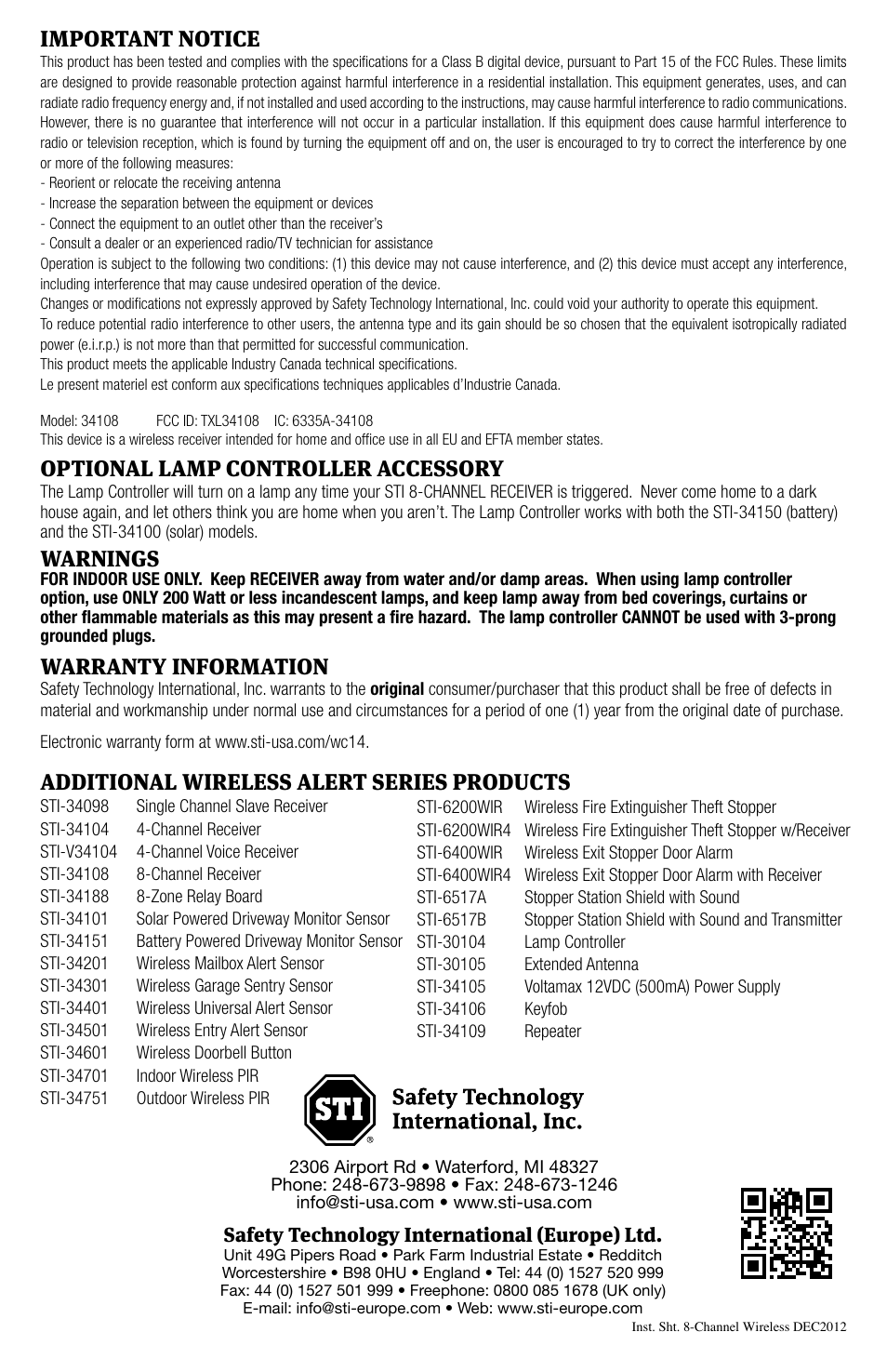 Warnings, Warranty information, Important notice | Optional lamp controller accessory, Additional wireless alert series products | STI 6200WIR8 User Manual | Page 8 / 8