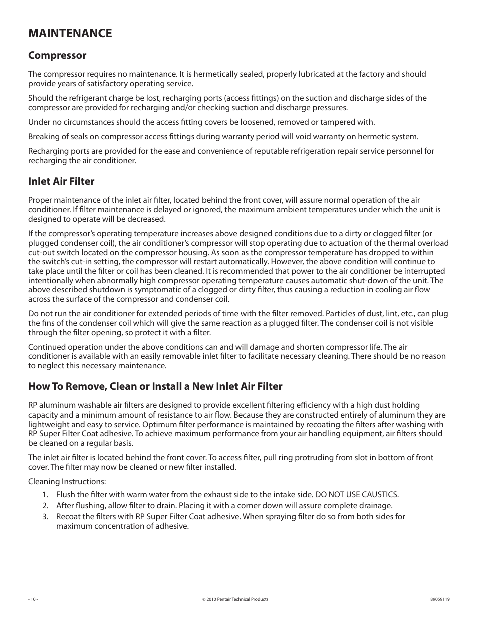 Maintenance, Compressor, Inlet air filter | STI 18729 User Manual | Page 10 / 16