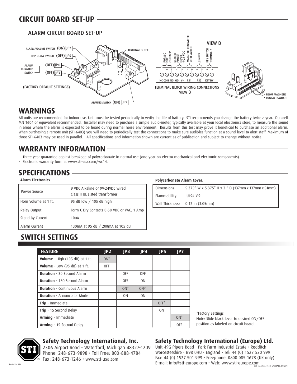 Switch settings, Circuit board set-up, Warnings warranty information specifications | Safety technology international, inc, Safety technology international (europe) ltd, Alarm circuit board set-up, Sti-usa, View b | STI 7533 User Manual | Page 2 / 2