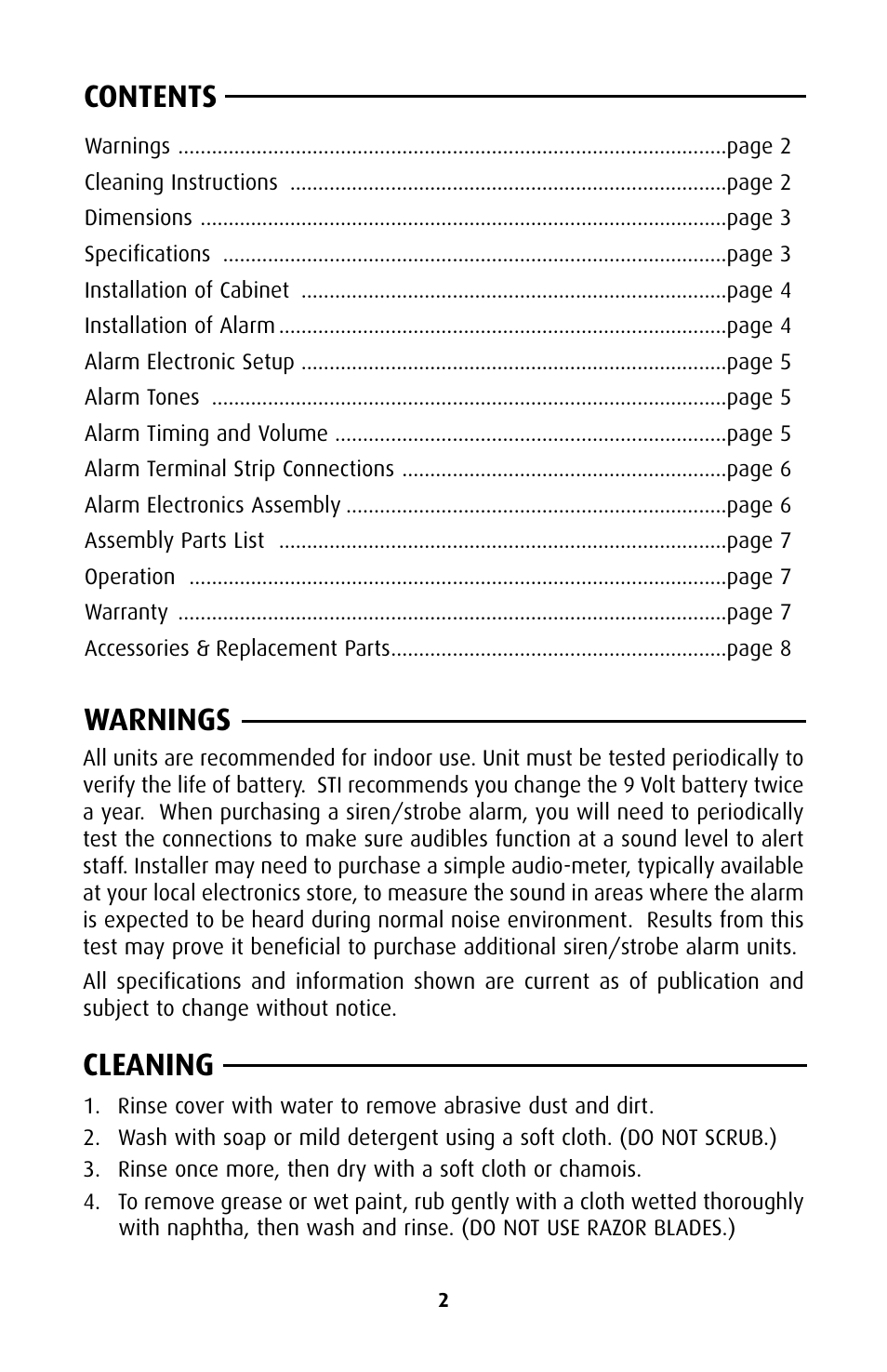 Contents warnings cleaning | STI 7535 User Manual | Page 2 / 8