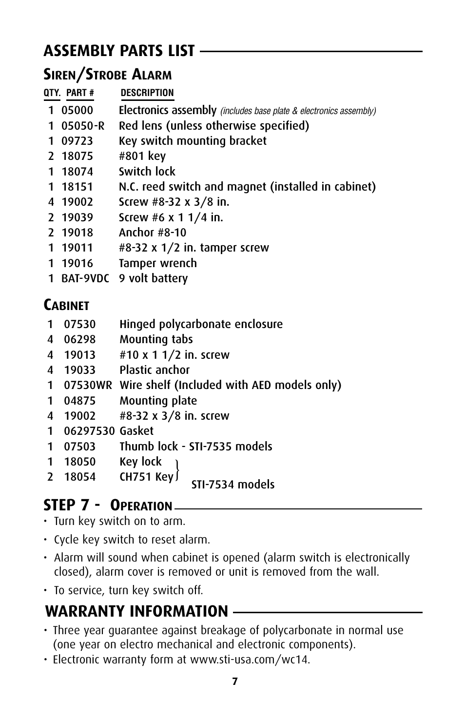 Step 7 - o, Warranty information, Assembly parts list | STI 7535 User Manual | Page 7 / 8