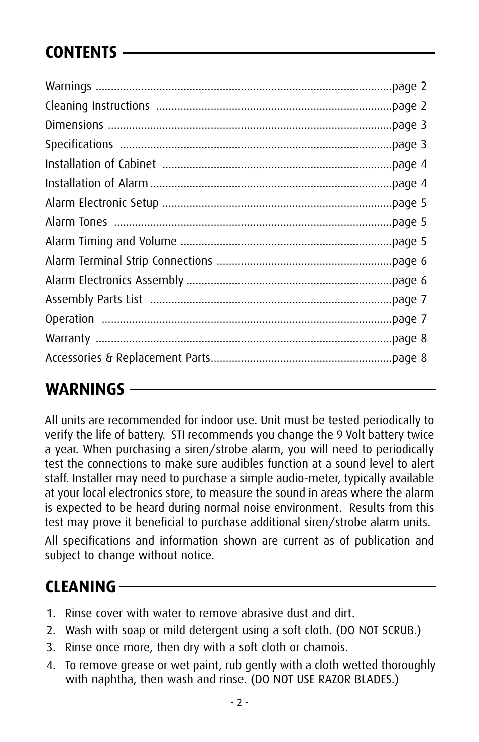 Contents warnings cleaning | STI 7555 User Manual | Page 2 / 8