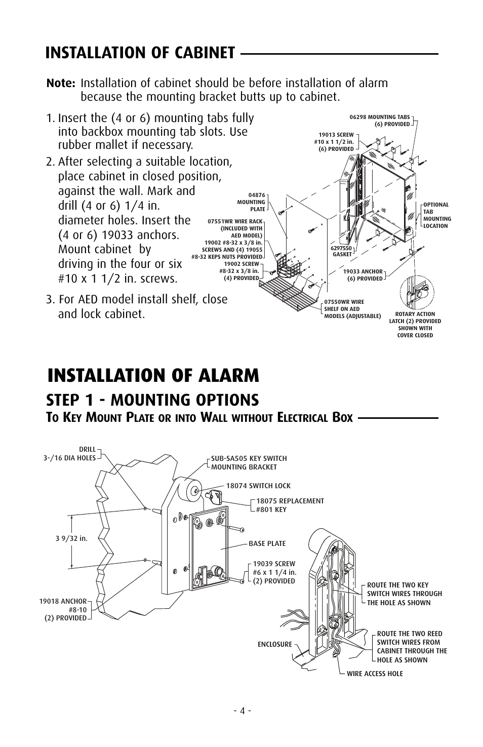 Installation of alarm, Step 1 - mounting options, Installation of cabinet | Ount, Late or into, All without, Lectrical | STI 7555 User Manual | Page 4 / 8