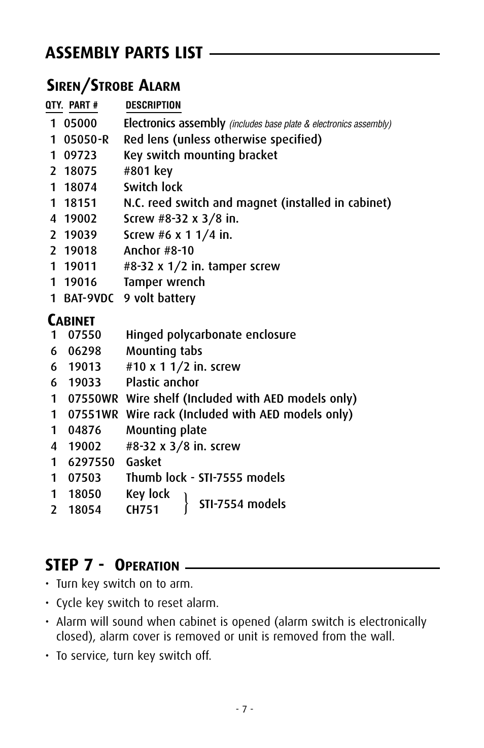 Step 7 - o, Assembly parts list | STI 7555 User Manual | Page 7 / 8