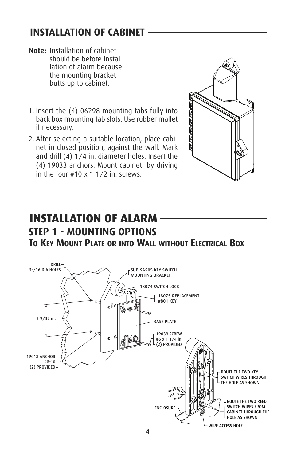 Installation of alarm, Step 1 - mounting options, Installation of cabinet | Ount, Late or into, All without, Lectrical | STI 7525 User Manual | Page 4 / 8