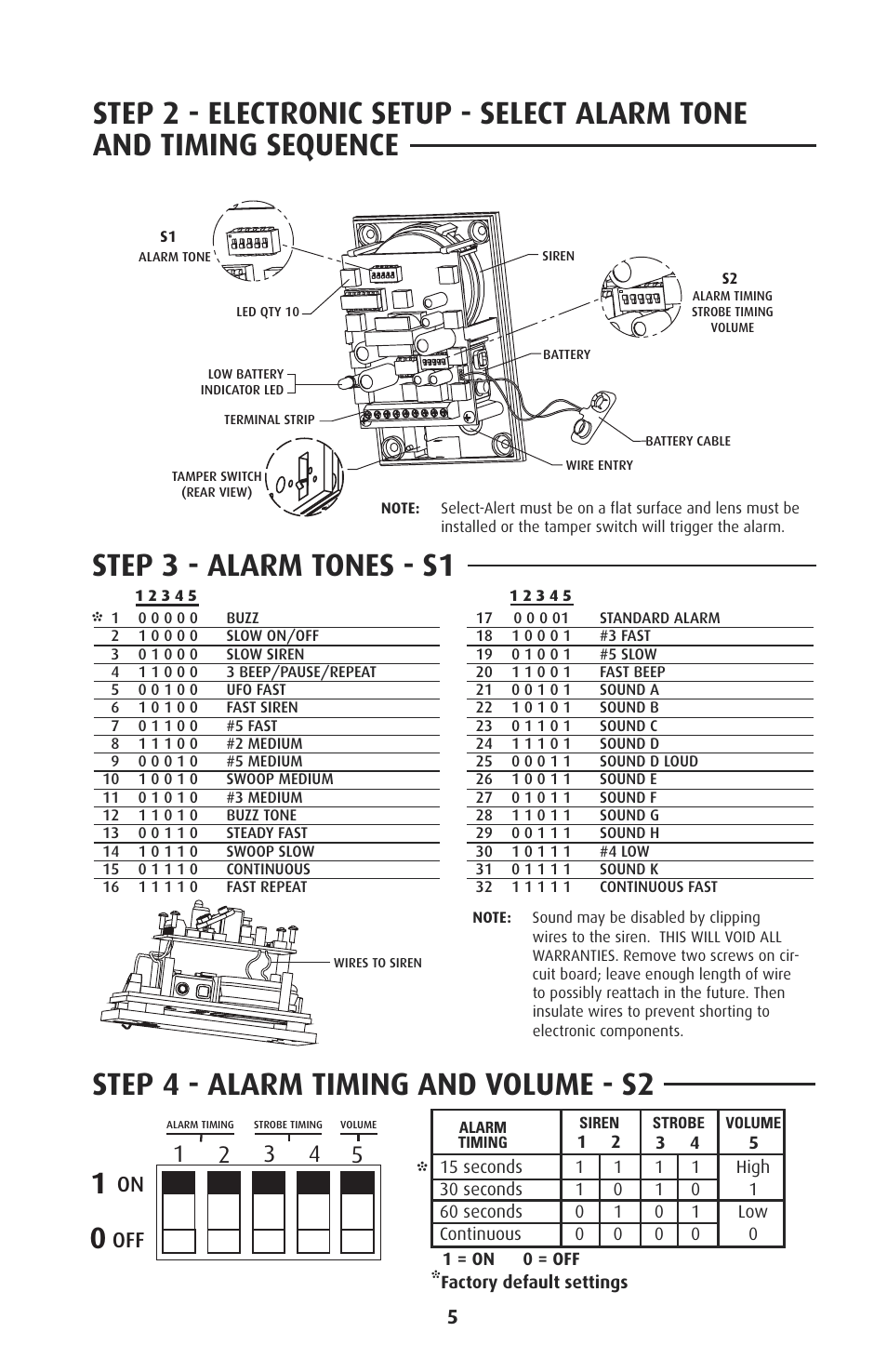 On off, Factory default settings, Volume strobe siren | STI 7525 User Manual | Page 5 / 8