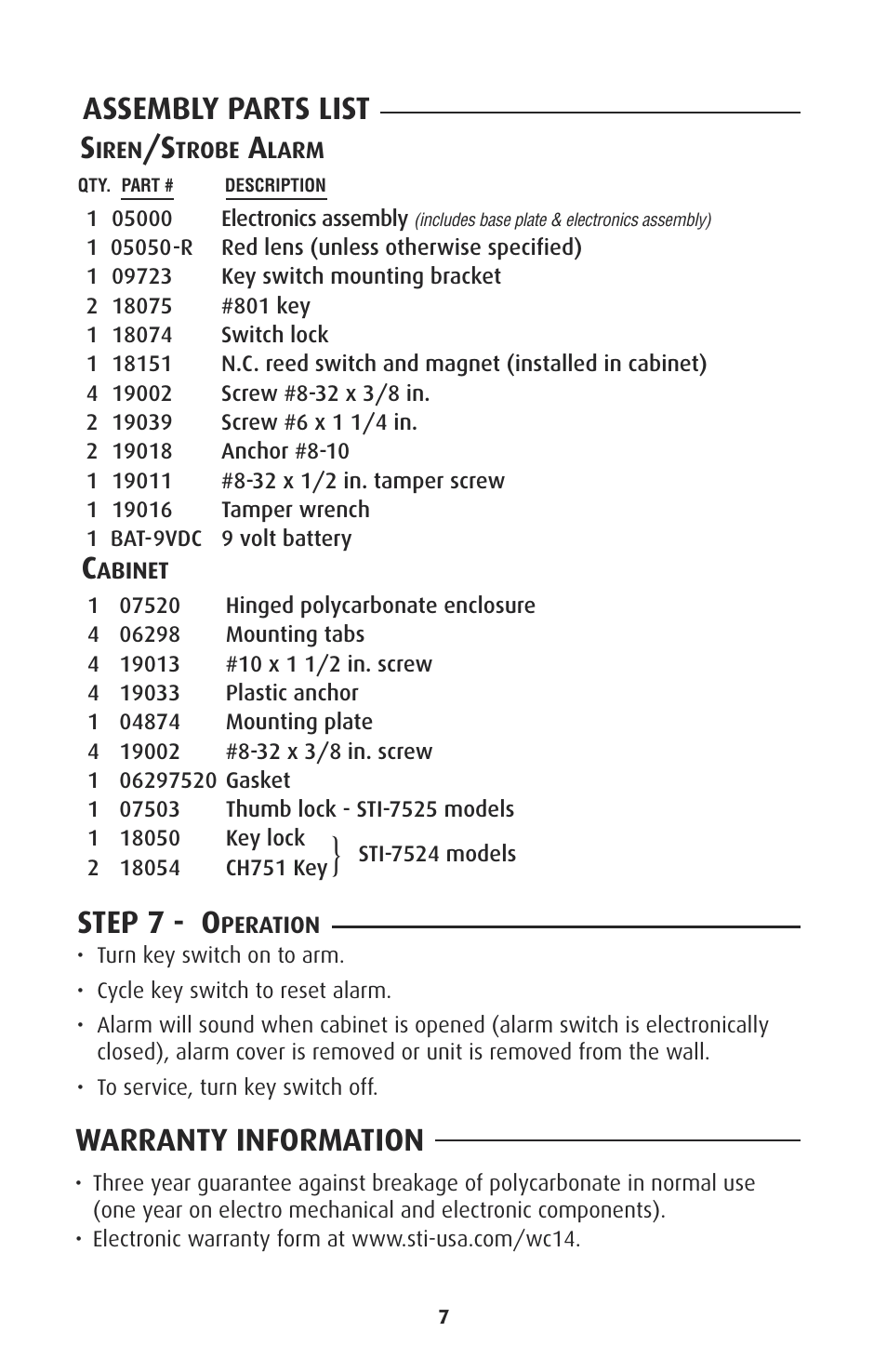 Step 7 - o, Warranty information, Assembly parts list | STI 7525 User Manual | Page 7 / 8