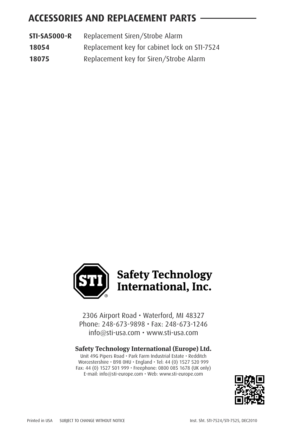 Accessories and replacement parts | STI 7525 User Manual | Page 8 / 8