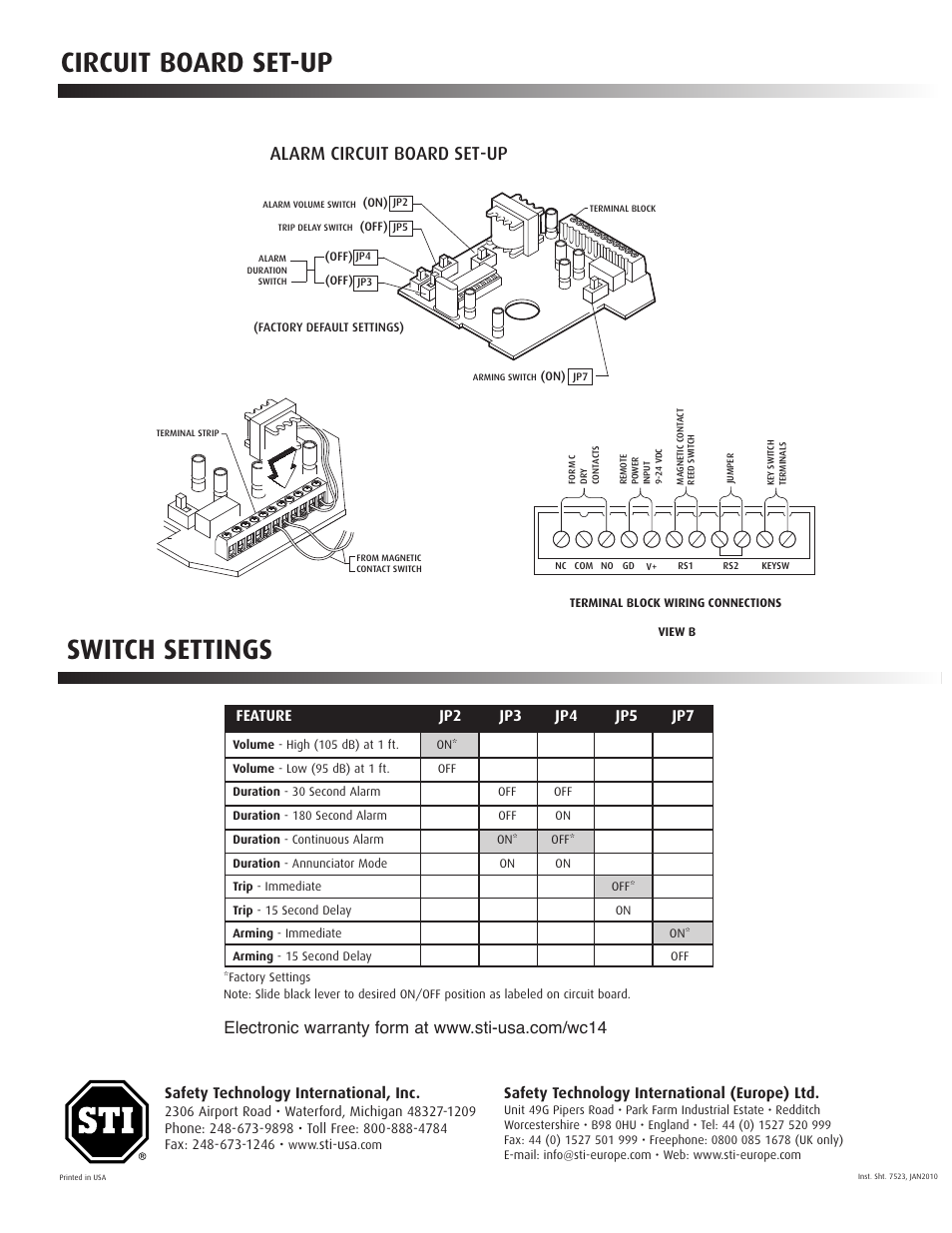 Switch settings, Circuit board set-up, Alarm circuit board set-up | Safety technology international, inc, Safety technology international (europe) ltd, Sti-usa | STI 7523 User Manual | Page 2 / 2