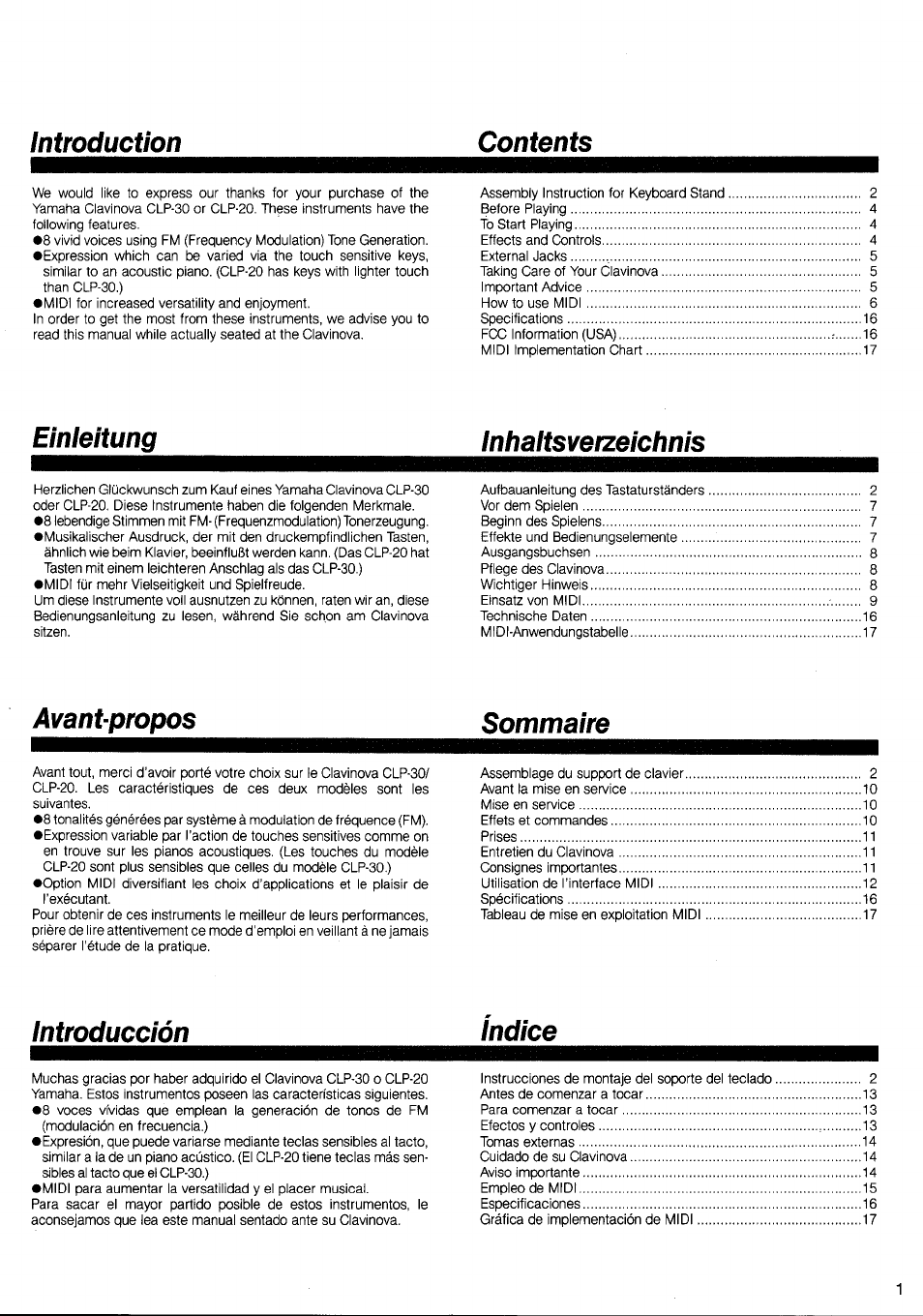 Introduction contents, Einleitung inhaltsverzeichnis, Avant-propos sommaire | Introducción indice | Yamaha Clavinova CLP-20 User Manual | Page 3 / 11