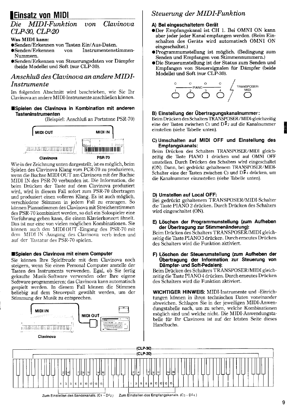 Einsatz von midi, Die midi-funktion von clavinova clp^o, clp-20, Anschluß des clavinova an andere midi- instrumente | Steuerung der midi-funktion | Yamaha Clavinova CLP-20 User Manual | Page 8 / 11