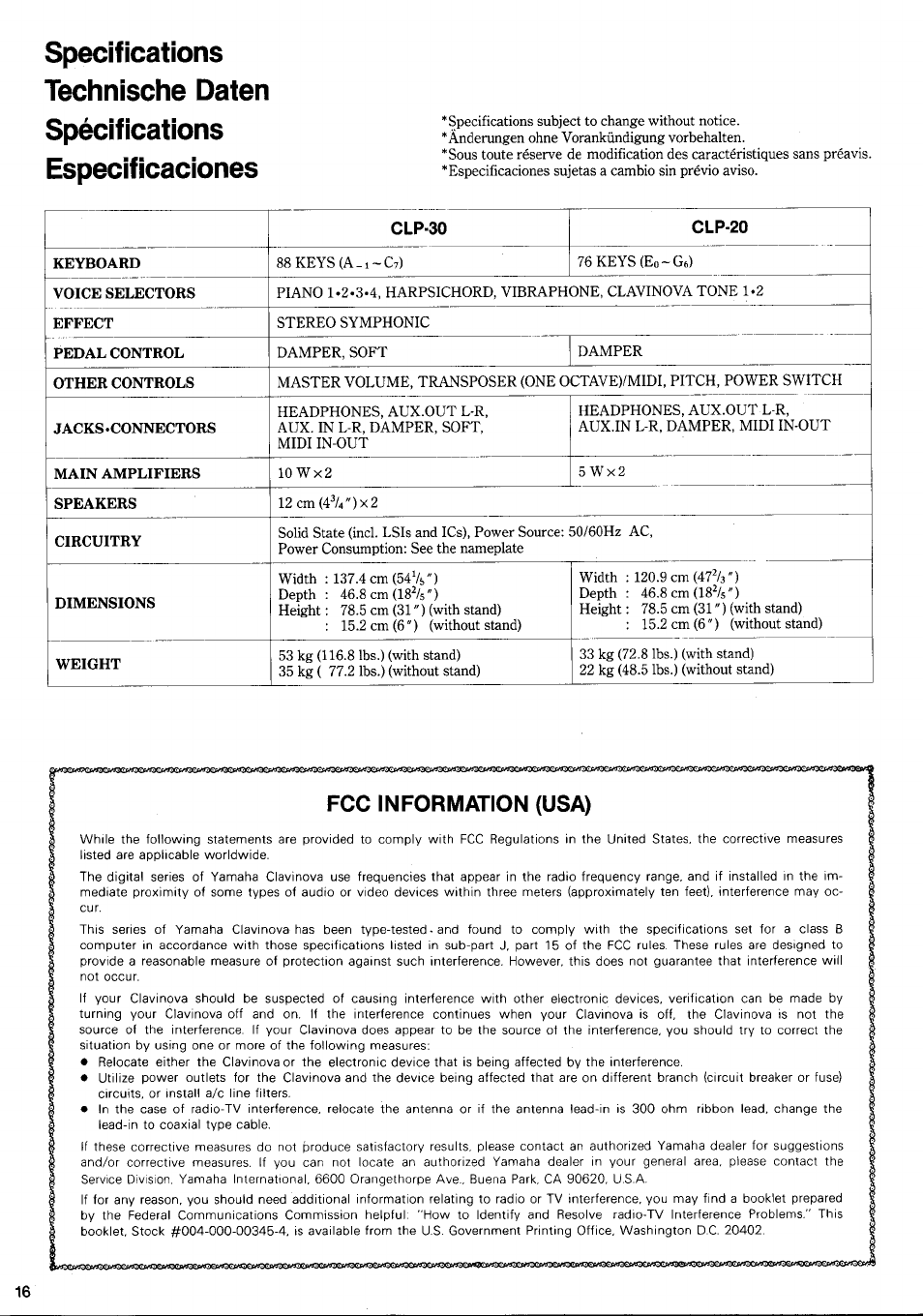 Fcc information (usa) | Yamaha Clavinova CLP-20 User Manual | Page 9 / 11