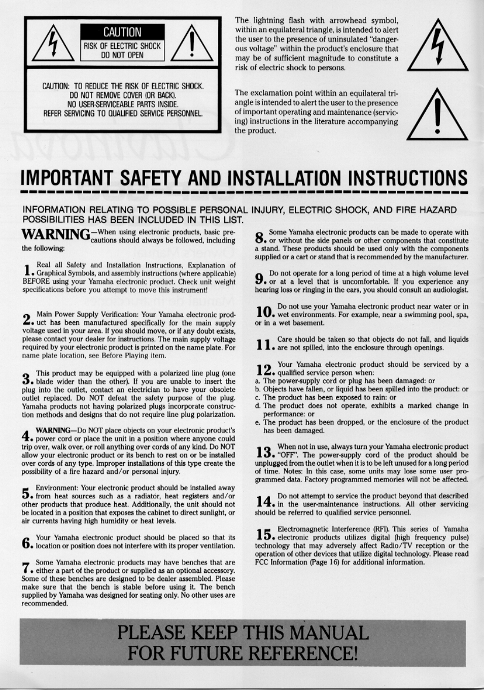 Risk of electric shock do not open, Please keep this manual for future reference, Important safety and installation instructions | Yamaha CLP-200 User Manual | Page 2 / 11