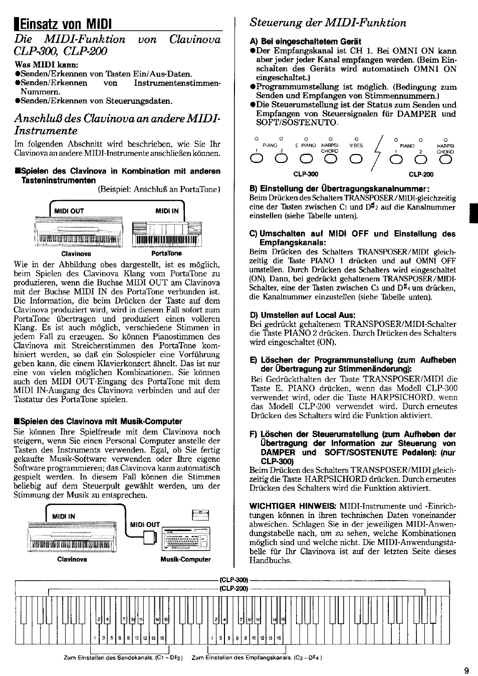 Anschluß des clavinova an andere midi- instrumente, Steuerung der midi-funktion, O o o | Yamaha CLP-200 User Manual | Page 8 / 11