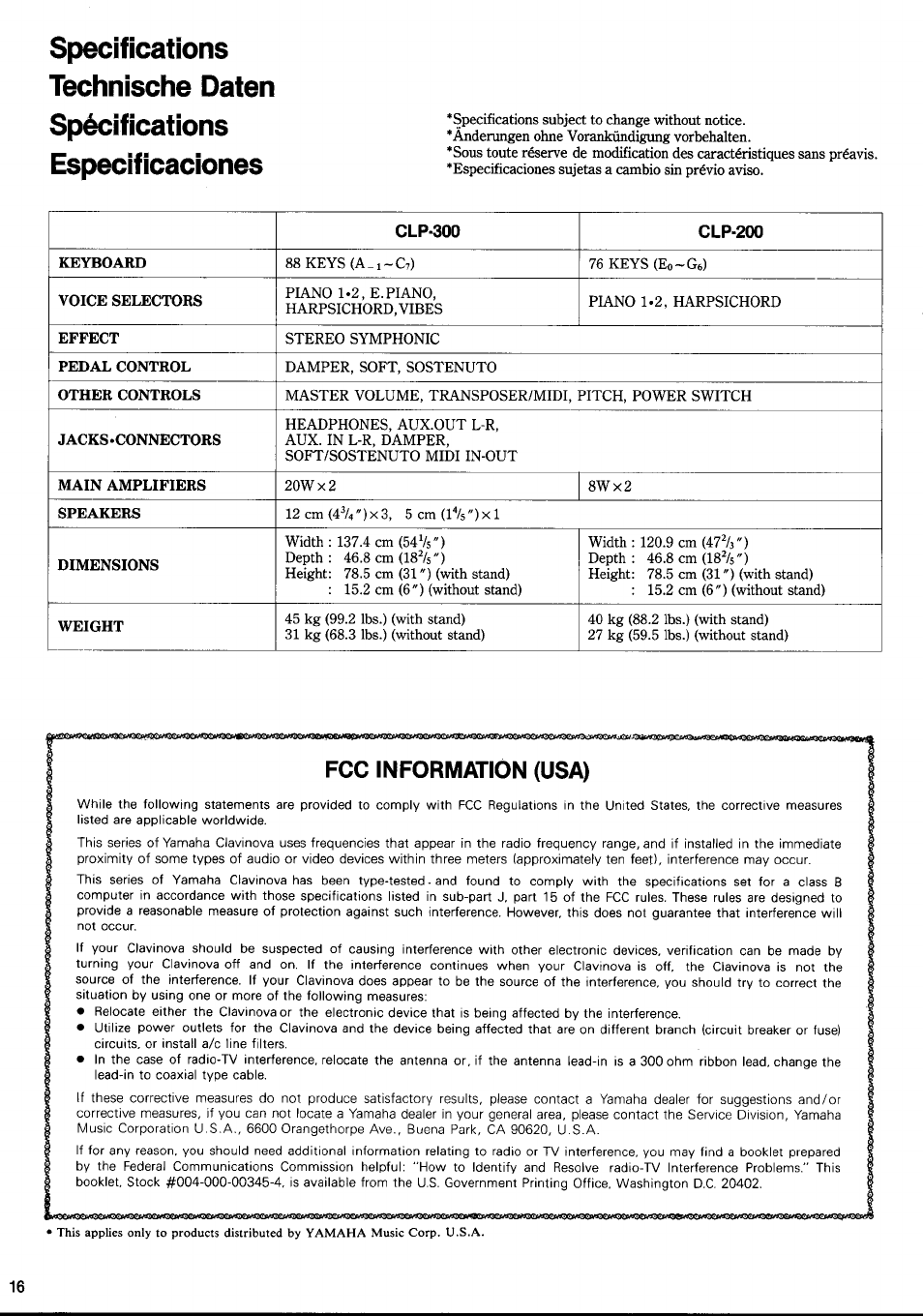 Fcc information (usa) | Yamaha CLP-200 User Manual | Page 9 / 11