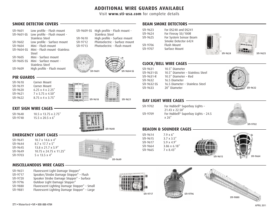 Additional wire guards available, Smoke detector covers, Beam smoke detectors | Pir guards, Clock/bell wire cages, Exit sign wire cages, Bay light wire cages, Miscellaneous wire cages, Emergency light cages, Beacon & sounder cages | STI 9665 User Manual | Page 2 / 2