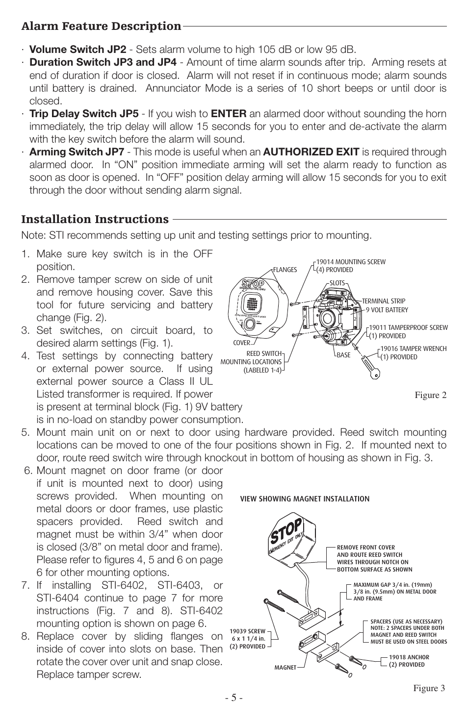 Alarm feature description, Installation instructions | STI 6402WIR User Manual | Page 5 / 8