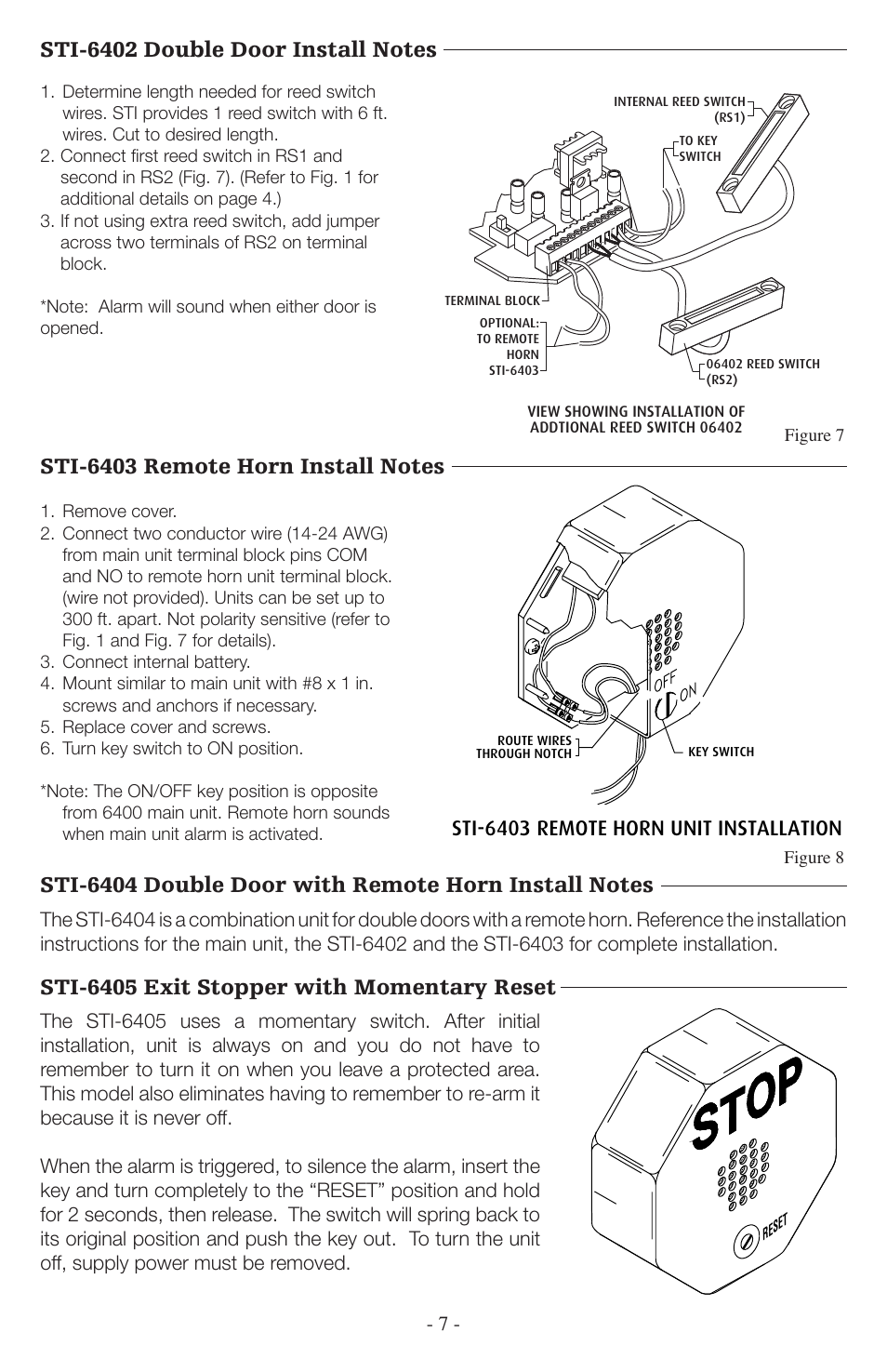 Sti-6405 exit stopper with momentary reset, Sti-6403 remote horn unit installation | STI 6402WIR User Manual | Page 7 / 8