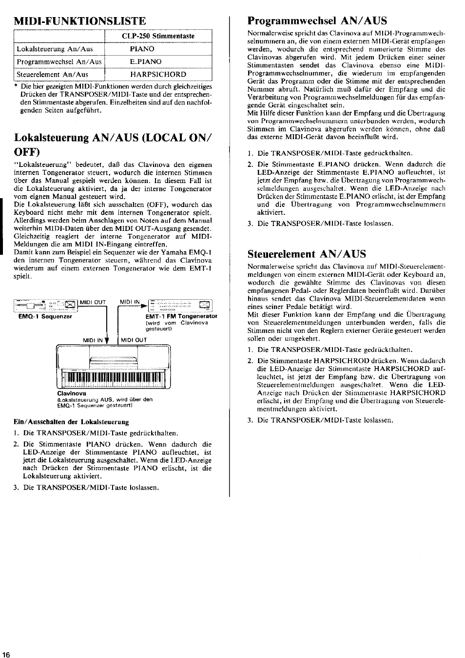 Midi-funktionsliste, Lokalsteuerung an/aus (local on/ off), Programmwechsel an/aus | Steuerelement an/aus | Yamaha CLP-250 User Manual | Page 12 / 17