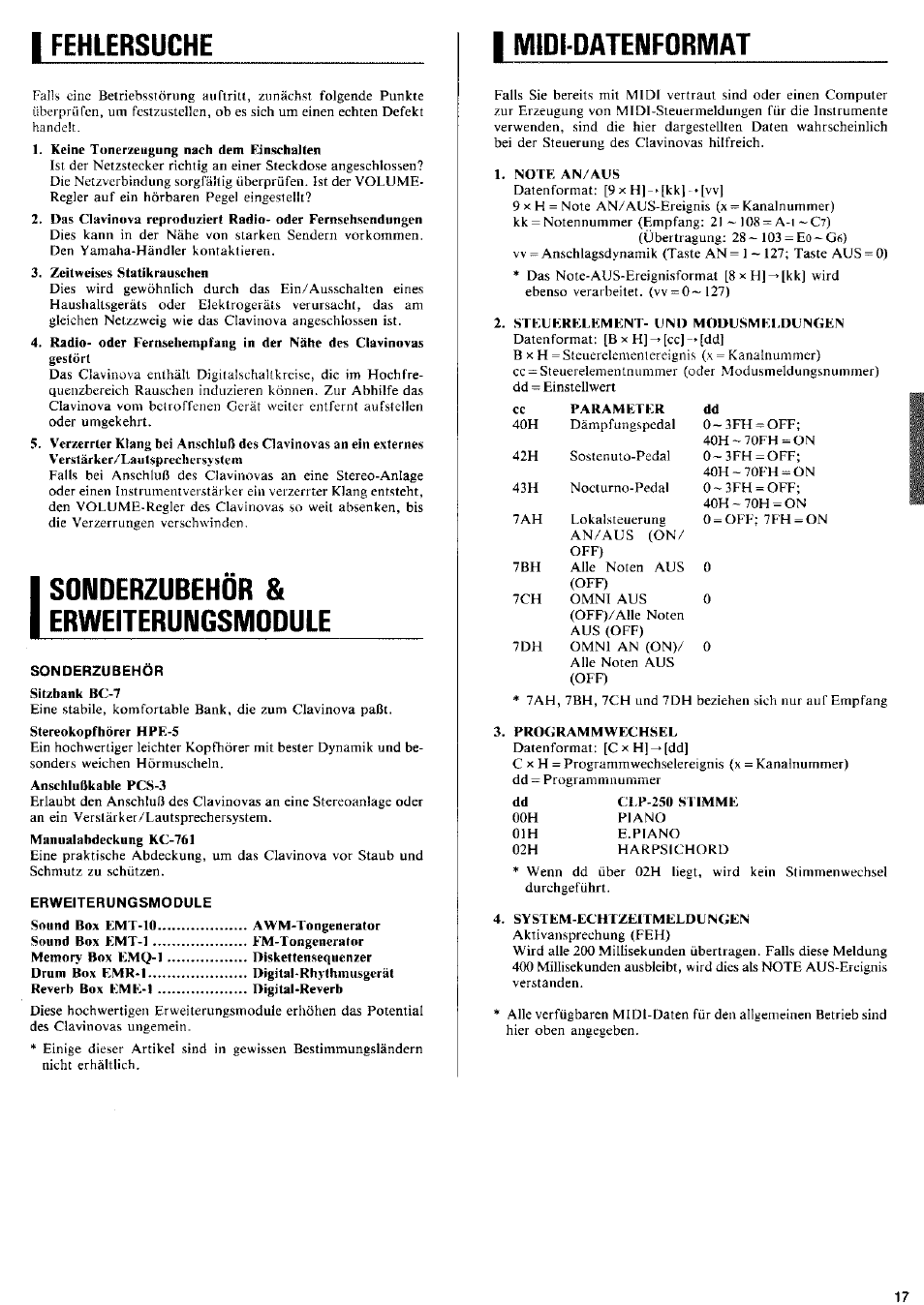 Sonderzubehor & erweiterungsmodule, I midi-datenformat, I fehlersuche | Yamaha CLP-250 User Manual | Page 13 / 17