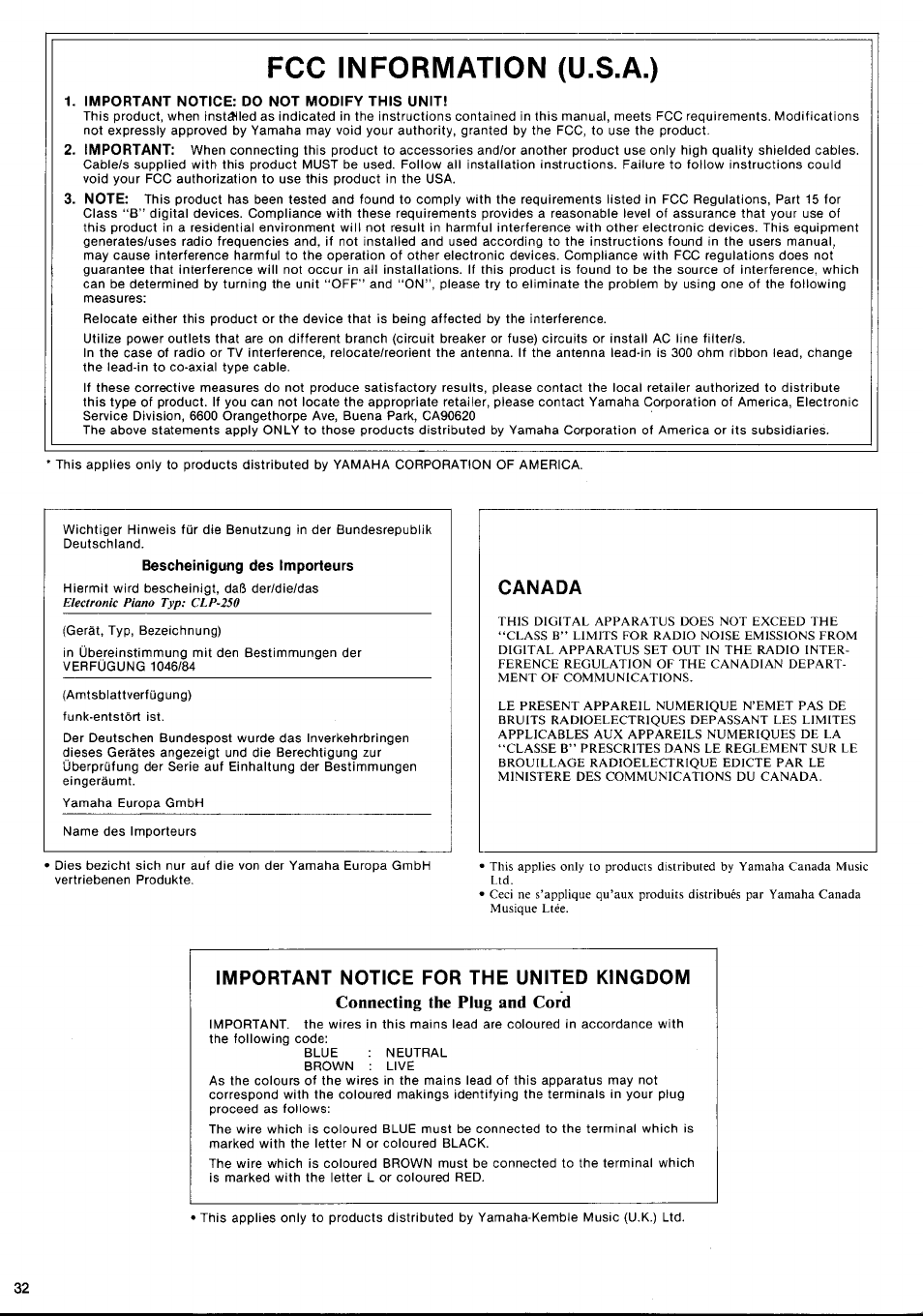 Fcc information (u.s.a.), Canada, Important notice for the united kingdom | Connecting the plug and cord | Yamaha CLP-250 User Manual | Page 16 / 17