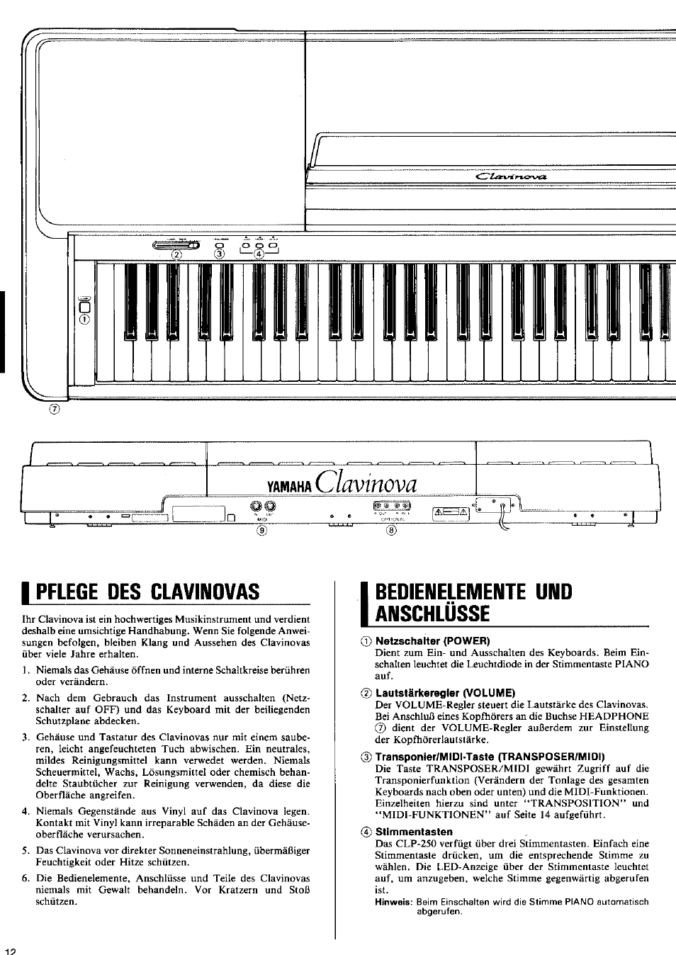 I pflege des clavinovas, Bedienelemente und anschlüsse, Pflege des clavinovas | Yamaha CLP-250 User Manual | Page 8 / 17