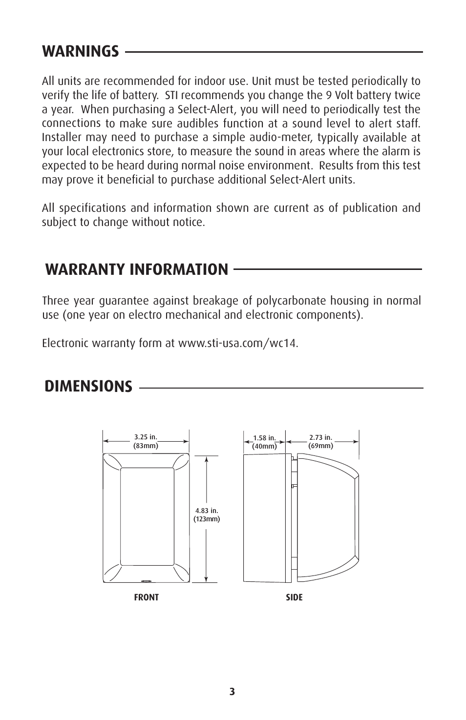 Warnings, Warranty information, Dimensions | Front side | STI SUB-SA505 User Manual | Page 3 / 8