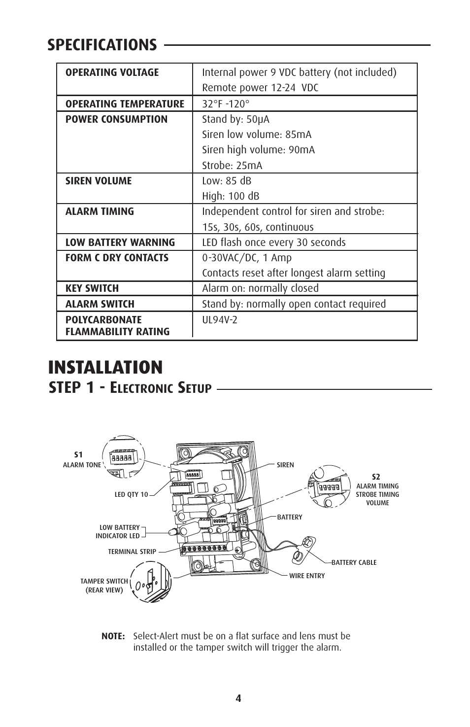 Installation, Step 1 - e, Specifications | Lectronic, Etup | STI SUB-SA505 User Manual | Page 4 / 8