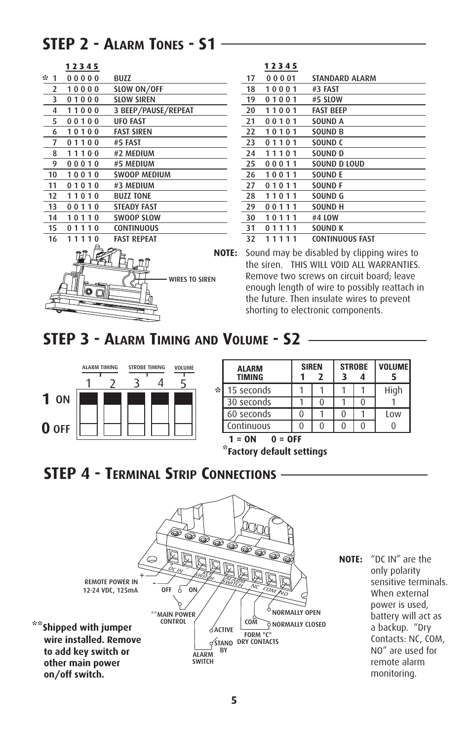 Step 2 - a, S1 step 3 - a, S2 step 4 - t | Larm, Ones, Iming and, Olume, Erminal, Trip, Onnections | STI SUB-SA505 User Manual | Page 5 / 8