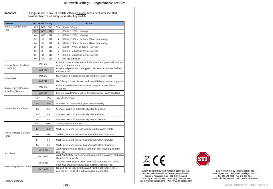 Dil switch settings – programmable features | STI AP-1-G-I User Manual | Page 10 / 10