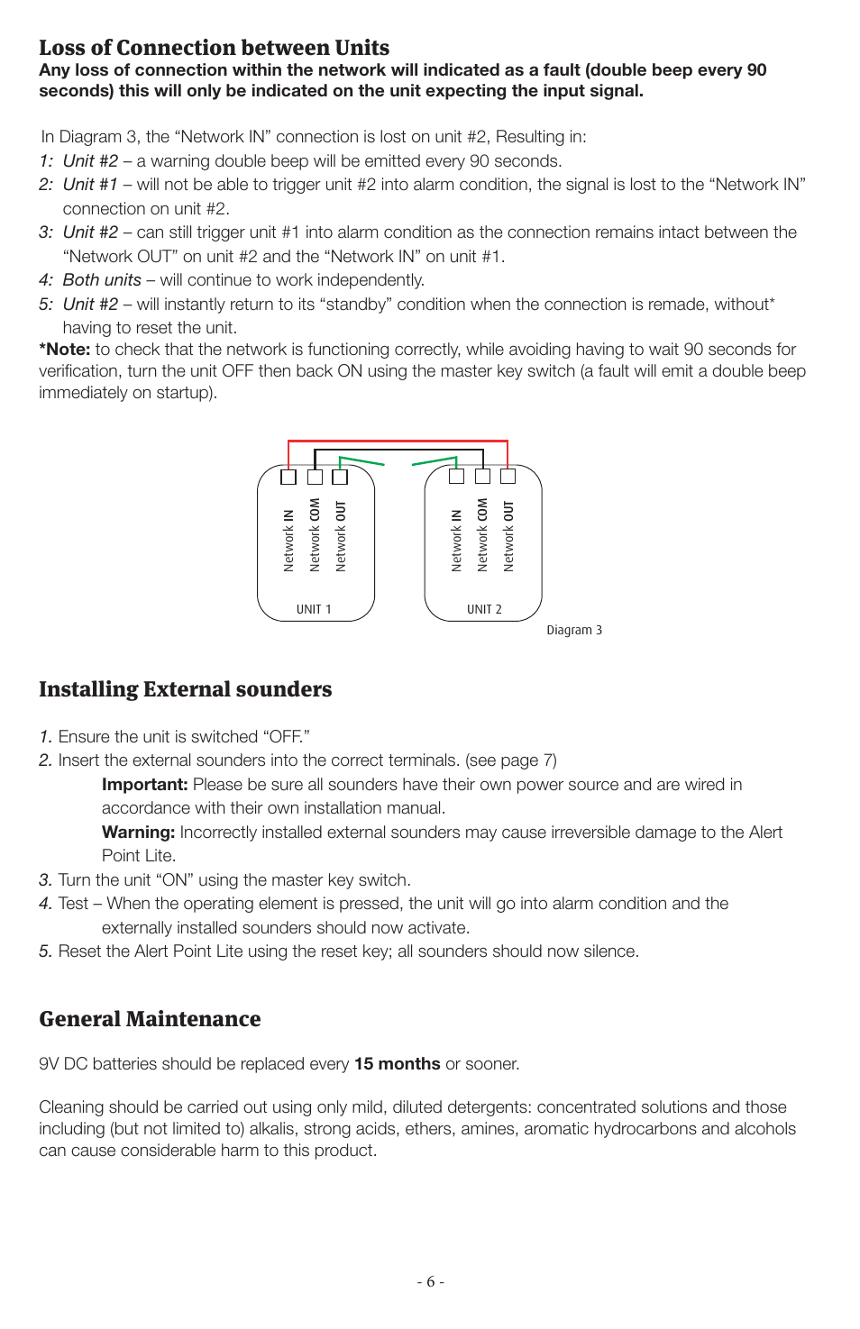 Loss of connection between units, Installing external sounders, General maintenance | STI AP-1-G-I User Manual | Page 6 / 8
