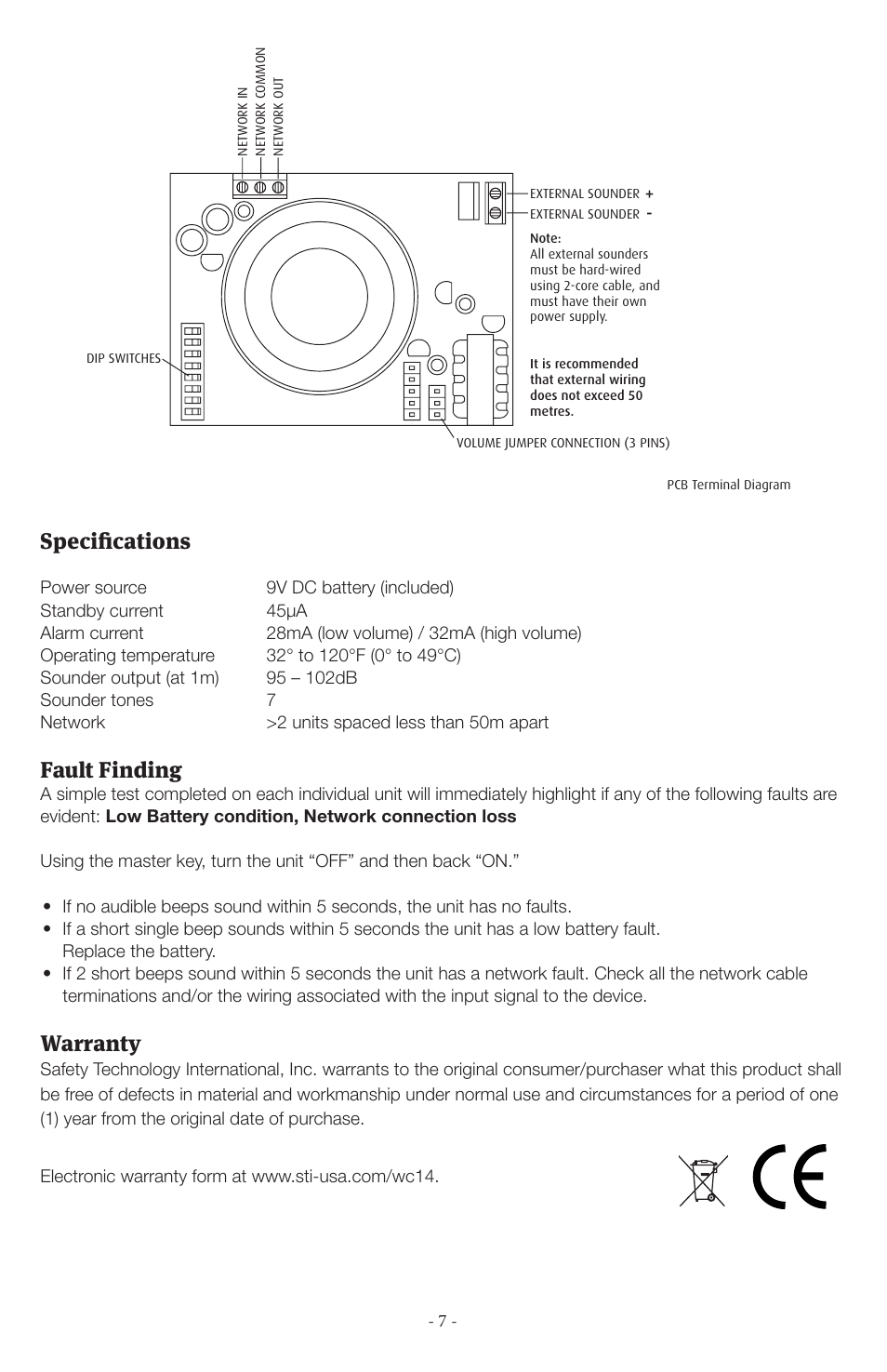 Specifications, Fault finding, Warranty | STI AP-1-G-I User Manual | Page 7 / 8
