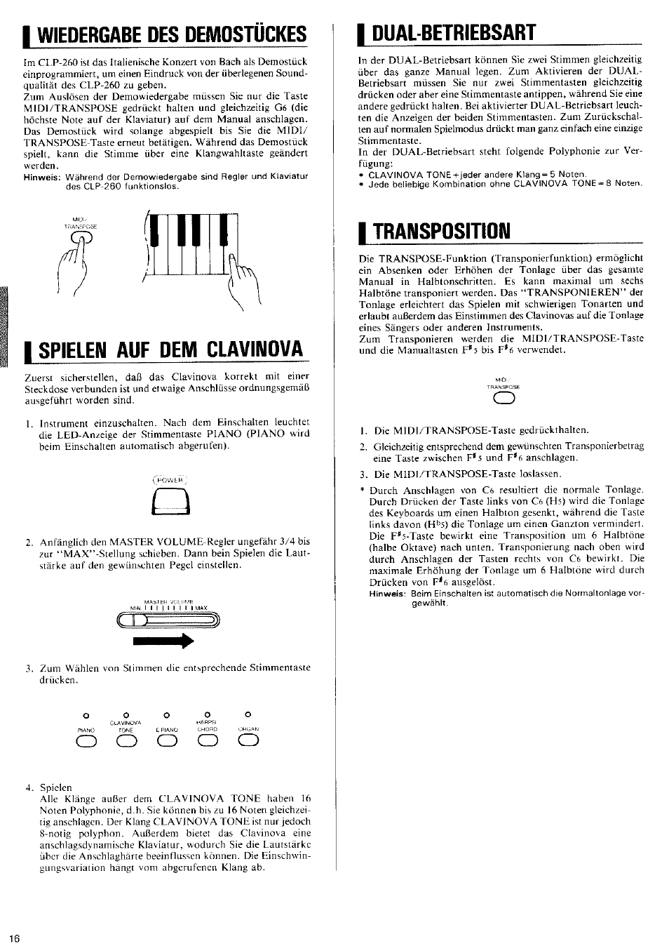 I wiedergabe des demostückes, I spielen auf dem clavinova, I dual betriebsart | I transposition | Yamaha CLP-260 User Manual | Page 10 / 19