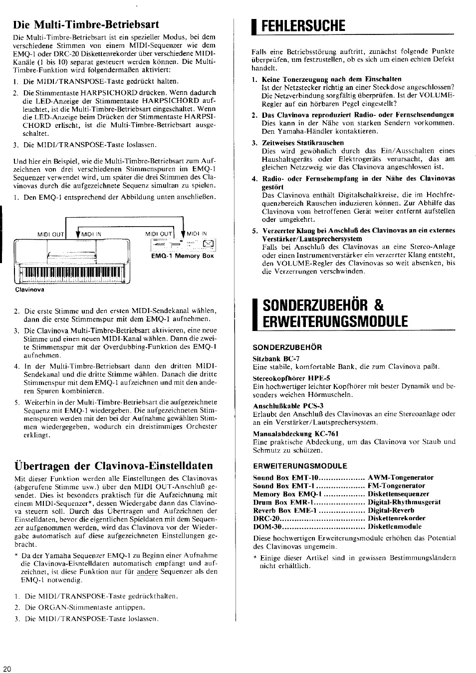 Die multi-timbre-betriebsart, Übertragen der clavinova-einstelldaten, I fehlersuche | Sonderzubehör & erweiterungsmodule, Fehlersuche | Yamaha CLP-260 User Manual | Page 14 / 19