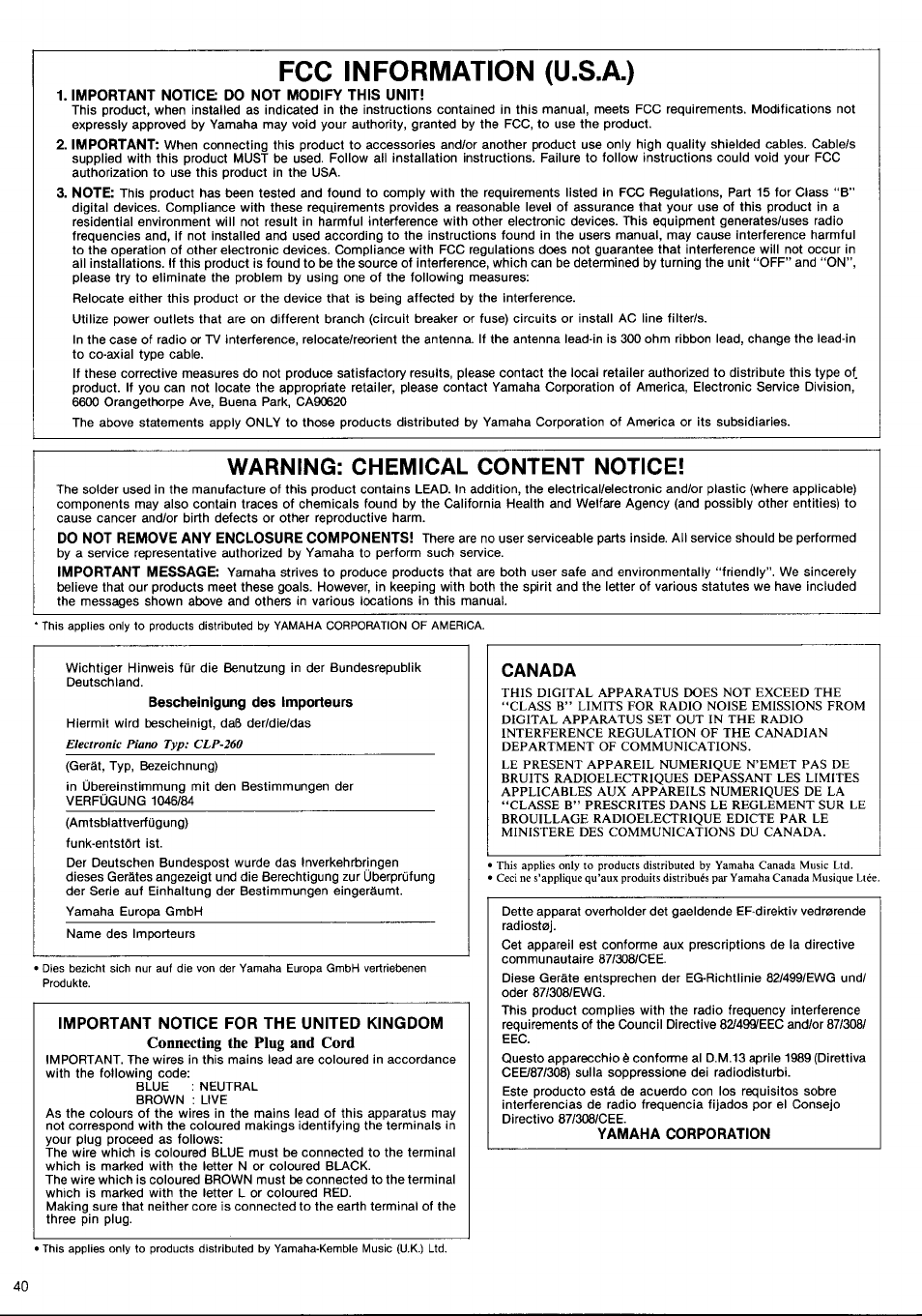 Important notice do not modify this unit, Important notice for the united kingdom, Canada | Yamaha corporation, Fcc information (u.s.a.), Warning: chemical content notice | Yamaha CLP-260 User Manual | Page 18 / 19