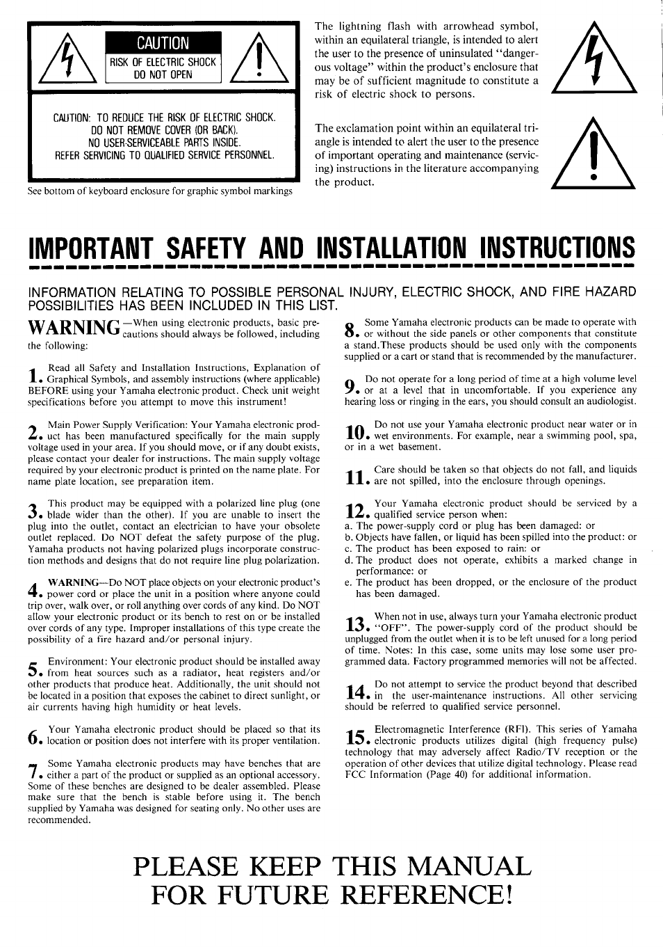 Please keep this manual for future reference, Important safety and installation instructions, Caution | Yamaha CLP-260 User Manual | Page 2 / 19