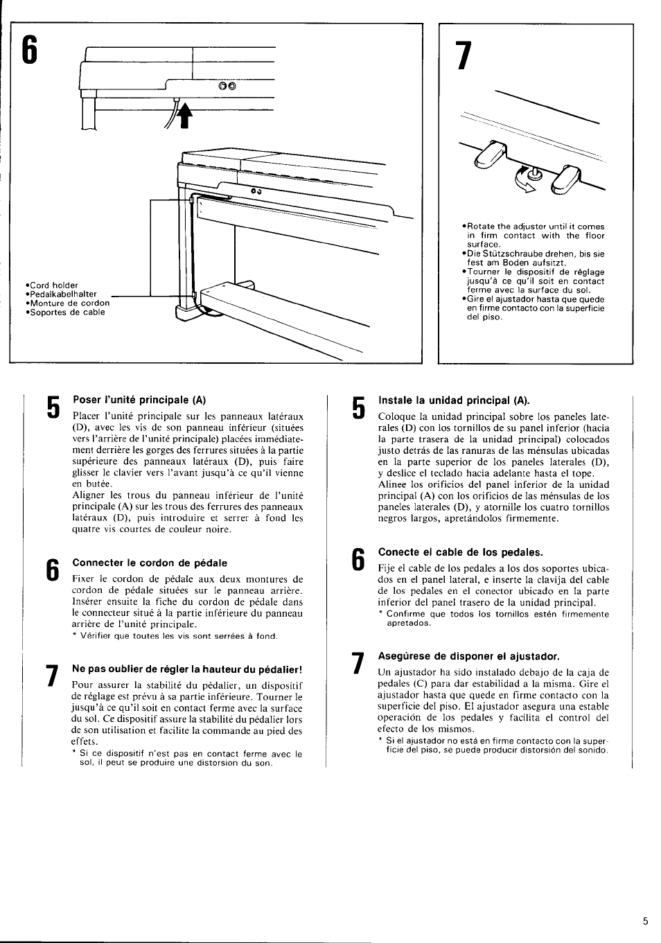 Poser l’unité principale (a), Connecter le cordon de pédale, Ne pas oublier de régler la hauteur du pédalier | Instale la unidad principal (a), Conecte el cable de los pedales, Asegúrese de disponer el ajustador | Yamaha CLP-260 User Manual | Page 7 / 19
