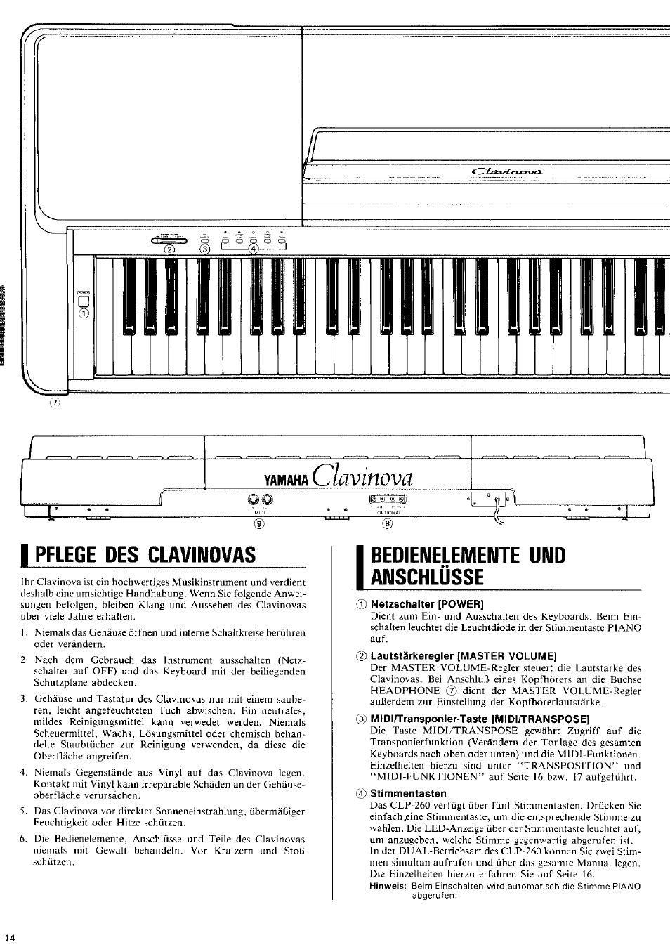 I pflege des clavimovas, Bedienelemente und anschlüsse, Immclavinova | E=c 3=1 | Yamaha CLP-260 User Manual | Page 8 / 19