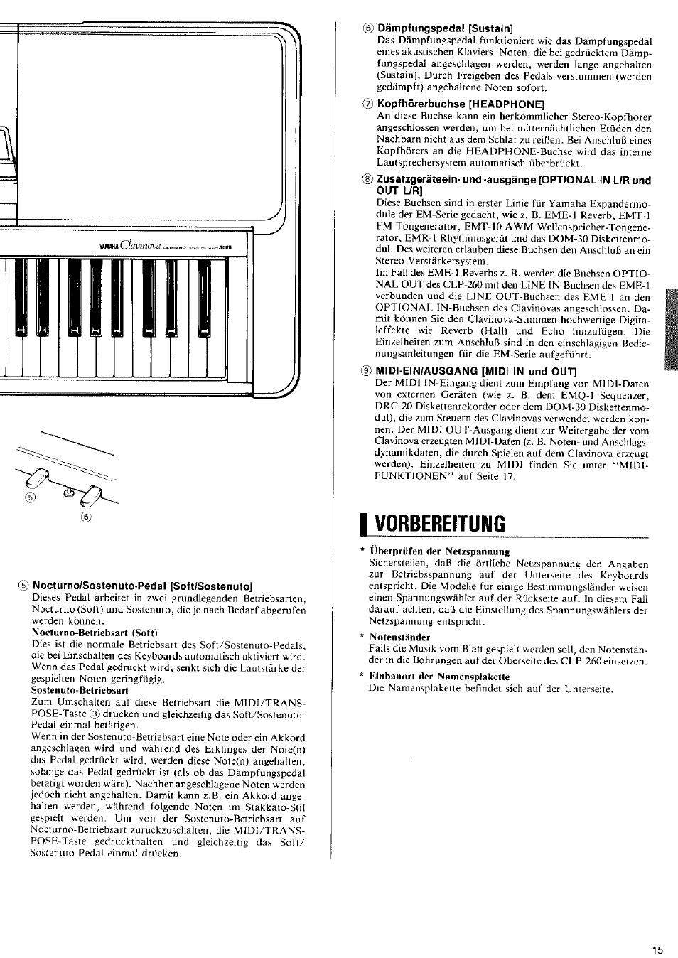 Nocturno/sostenuto-pedal [soft/sostenuto, D) dämpfungspedal [sustain, Midi-ein/ausgang [midi in und out | I vorbereitung | Yamaha CLP-260 User Manual | Page 9 / 19