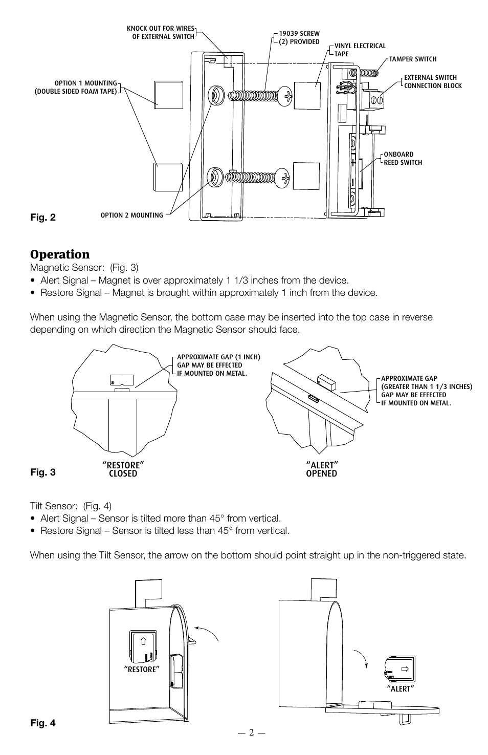 Operation, Magnetic sensor, Tilt sensor external terminals | Fig. 2 fig. 3 fig. 4 | STI 34409 User Manual | Page 2 / 4