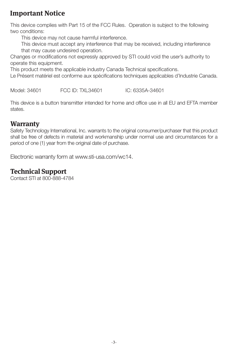 Important notice, Warranty, Technical support | STI 34609 User Manual | Page 3 / 4