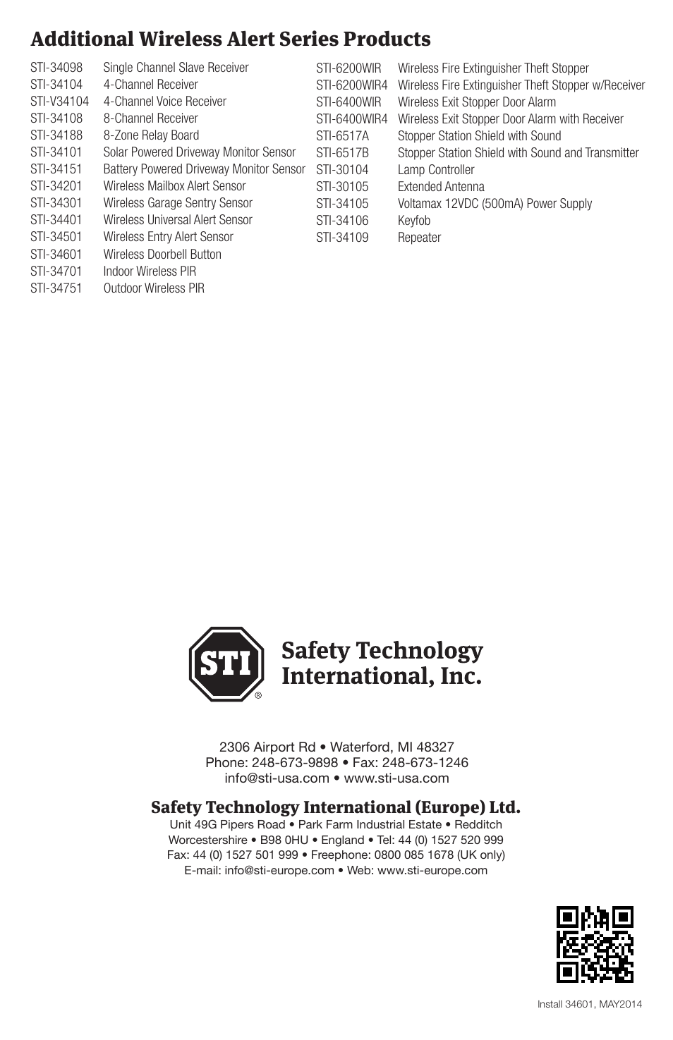 Additional wireless alert series products, Safety technology international (europe) ltd | STI 34609 User Manual | Page 4 / 4