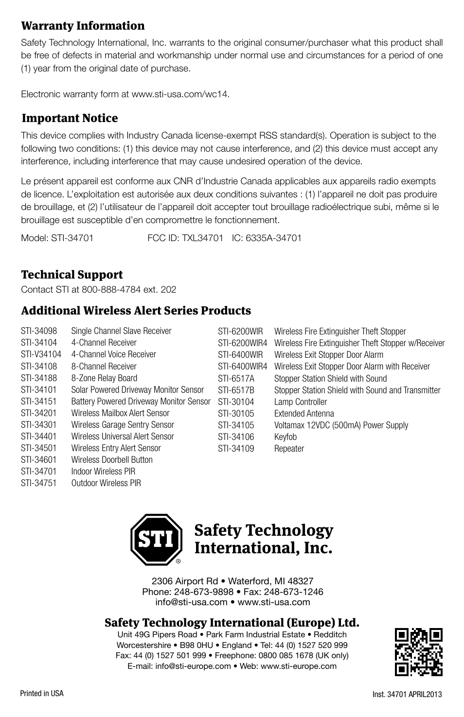 Warranty information, Important notice, Technical support | Additional wireless alert series products, Safety technology international (europe) ltd | STI 34709 User Manual | Page 4 / 4