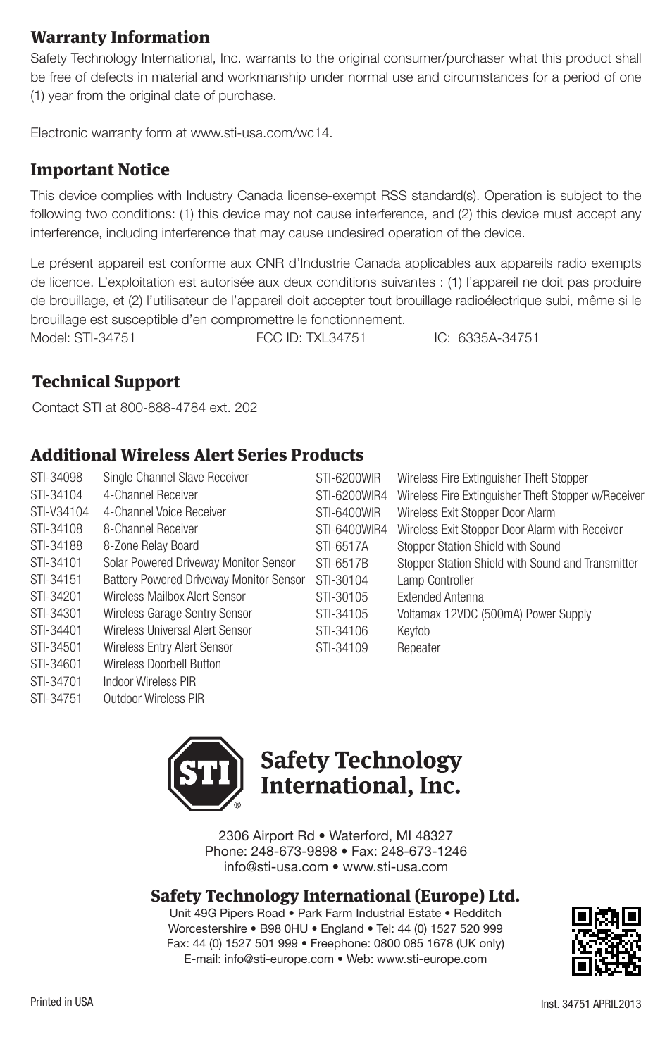 Warranty information, Important notice, Technical support | Additional wireless alert series products, Safety technology international (europe) ltd | STI 34759 User Manual | Page 4 / 4