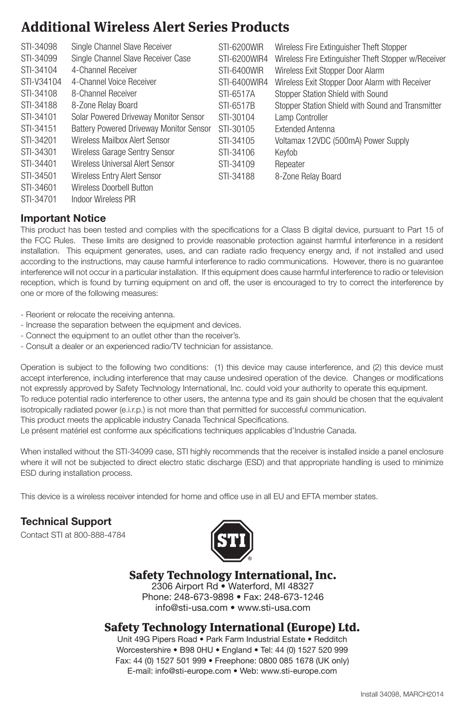 Additional wireless alert series products, Safety technology international, inc, Safety technology international (europe) ltd | STI 34098 User Manual | Page 4 / 4