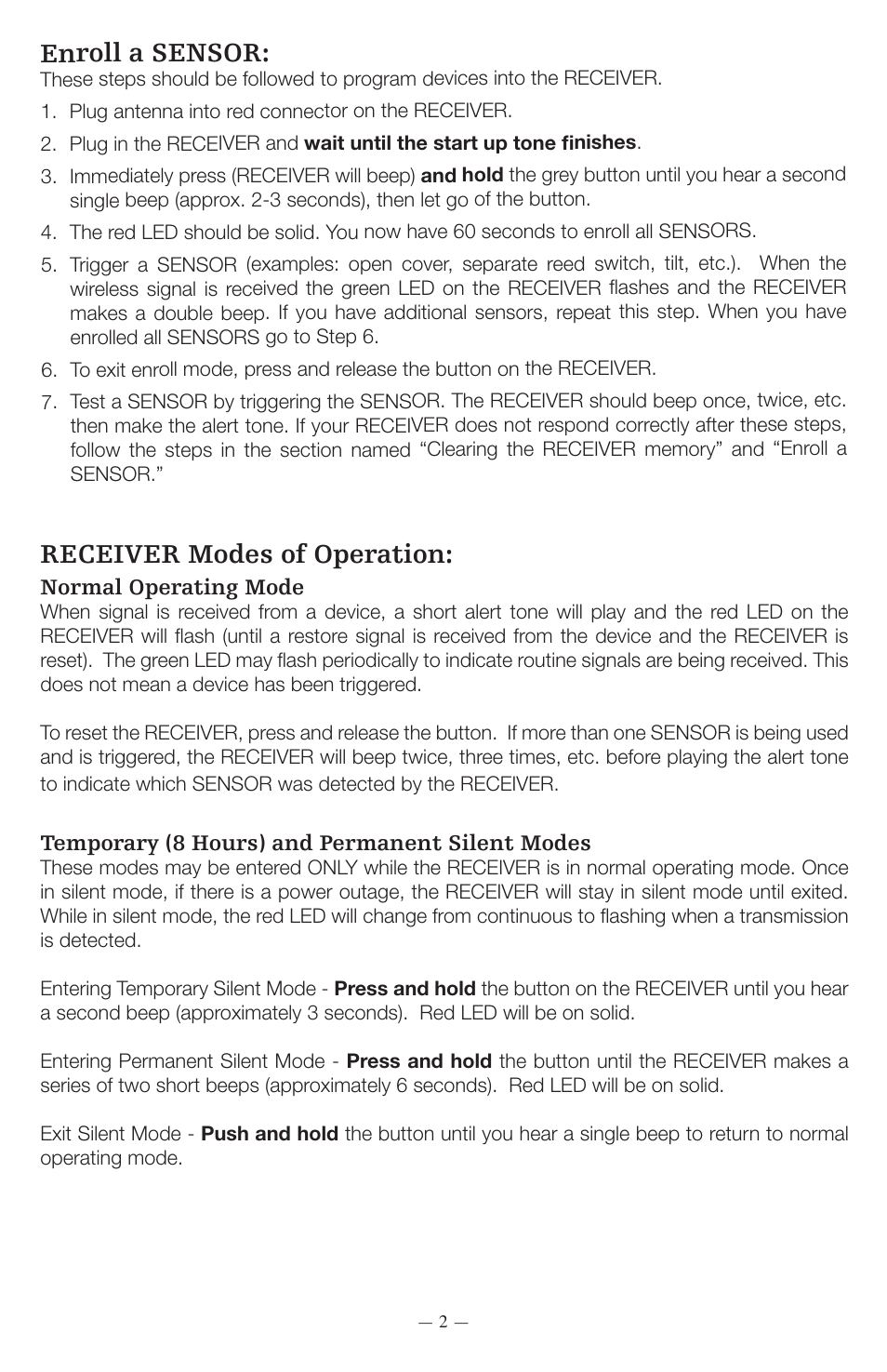 Enroll a sensor, Receiver modes of operation | STI 34104 User Manual | Page 2 / 4