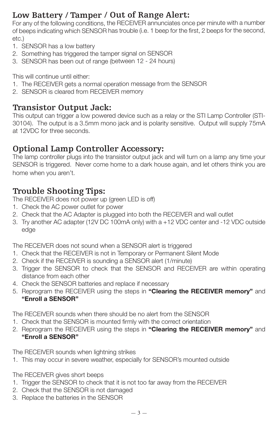 Low battery / tamper / out of range alert, Transistor output jack, Optional lamp controller accessory | Trouble shooting tips | STI 34104 User Manual | Page 3 / 4